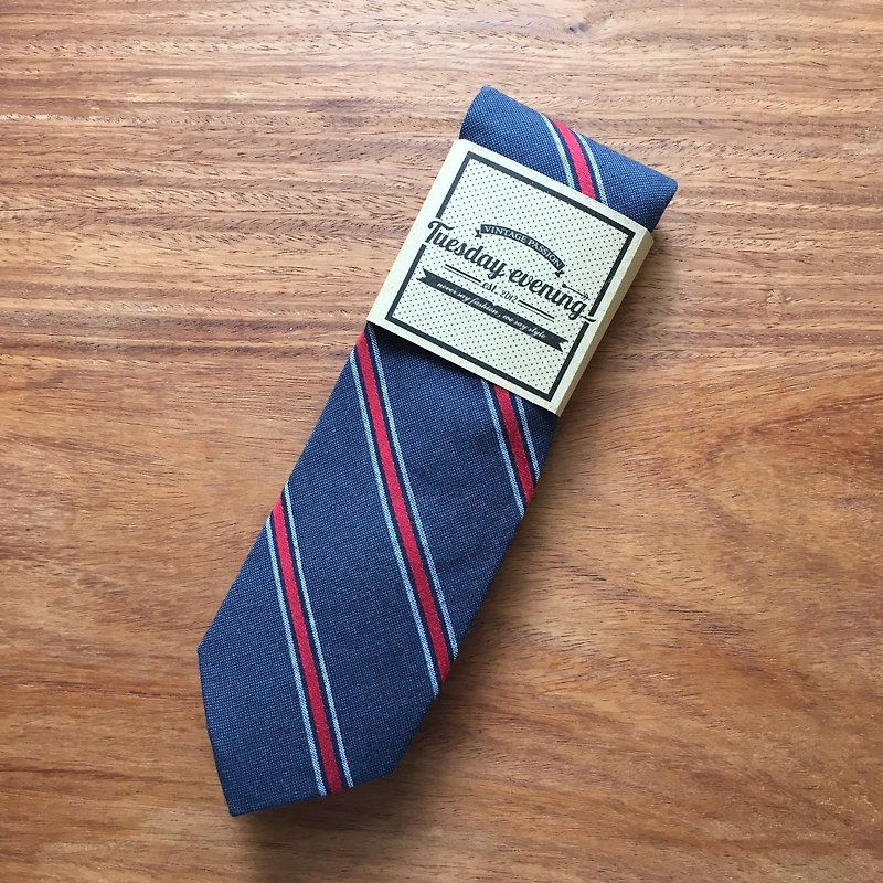 Neck tie Navy-Red stripe - 領帶/領帶夾 - 棉．麻 藍色
