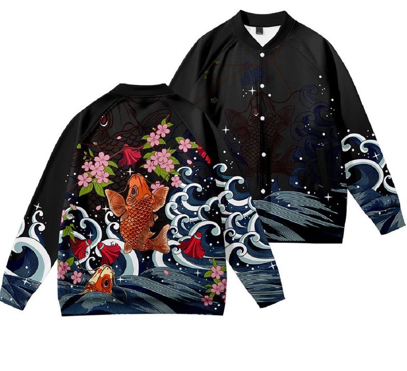 美國Fools Day Koi Fish Jacket - 女大衣/外套 - 尼龍 藍色