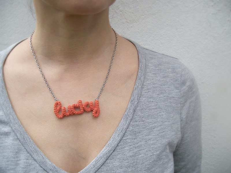 Lucky Necklace Orange Inspirational Word Pendant Crochet Wrap Jewelry