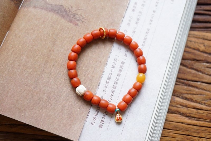 Natural raw mineral paste, southern red mammoth tooth, Wax beads, beeswax date design, single circle handheld bracelet s - สร้อยข้อมือ - เครื่องประดับพลอย สีแดง