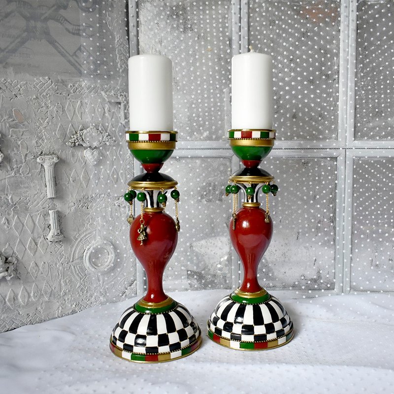 Alice wooden candlesticks, red with black and white check, in Mackenzie style - Lighting - Wood Multicolor