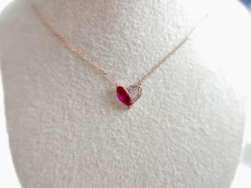 Really heart ruby ​​diamond rose gold K gold necklace - Necklaces - Gemstone Red