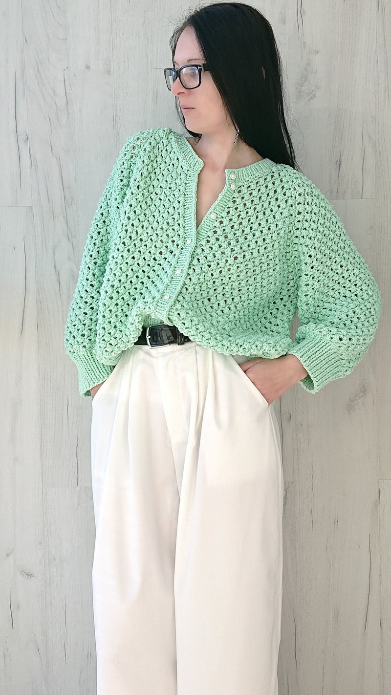 Mint green sweater Crop cardigan Knit blouse Cotton jacket summer Textured top - 女毛衣/針織衫 - 棉．麻 