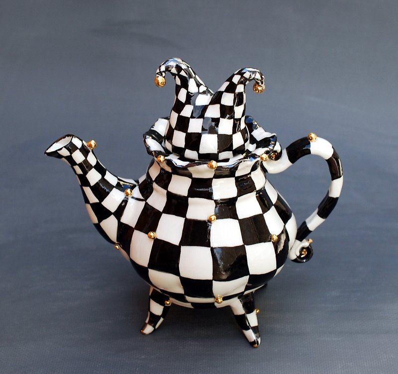 Art teapot Black and white cage Wonderland style Porcelain handmade teapot Tea - Teapots & Teacups - Porcelain Multicolor