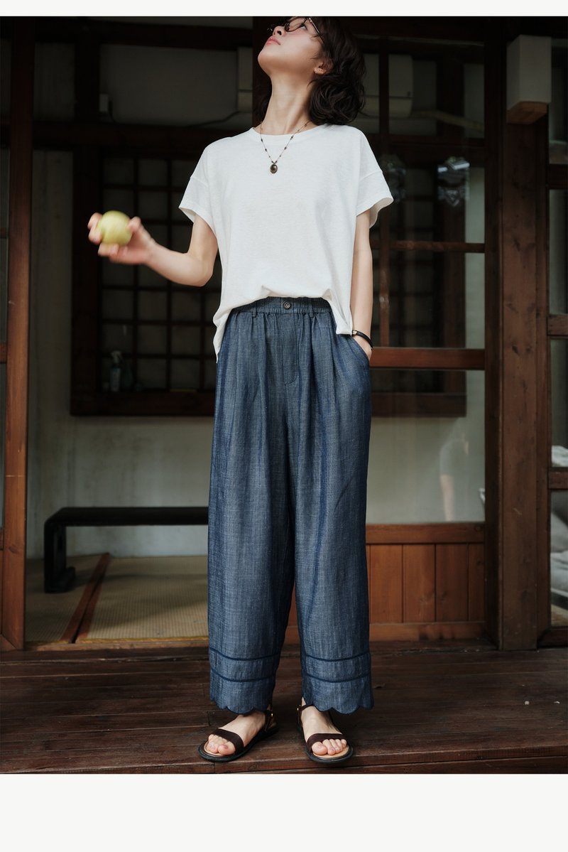 天絲亞麻牛仔褲松緊腰花瓣褲 - 女長褲 - 棉．麻 多色