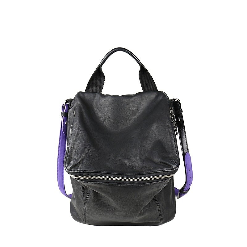 Pimm's lightweight sheepskin casual shoulder bag - black x purple - Messenger Bags & Sling Bags - Genuine Leather Black