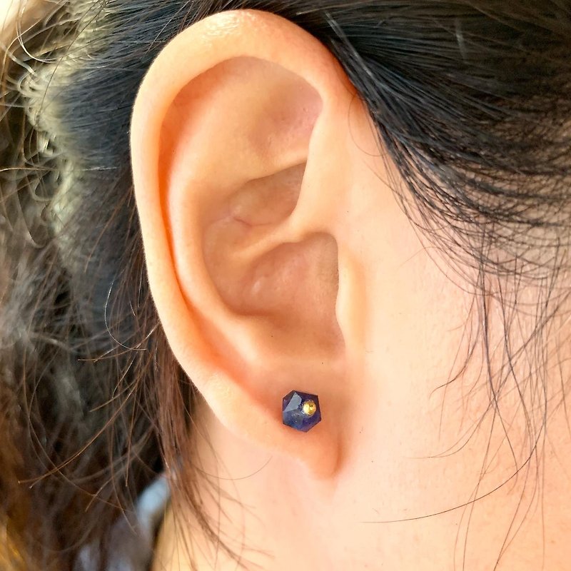 Exclusive Exclusive_Hexagonal Lapis Lapis Paste Bronze Earrings_Free Modification Clip Earrings - Earrings & Clip-ons - Jade Blue