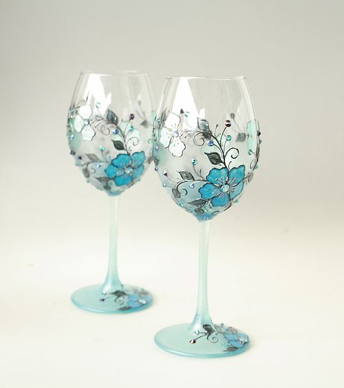 NeA Glass Blue Flowers Wine Glasses, Swarovski Crystals Hand-paintedsetof 2