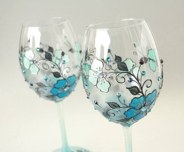 Blue Flowers Wine Glasses, Swarovski Crystals Hand-paintedsetof 2 - Shop  NeA Glass Bar Glasses & Drinkware - Pinkoi