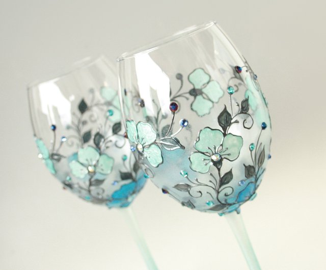 Tree of Life Wine Glasses Swarovski Crystals Retro Glasses hand Painted set  of 2 - Shop NeA Glass Bar Glasses & Drinkware - Pinkoi