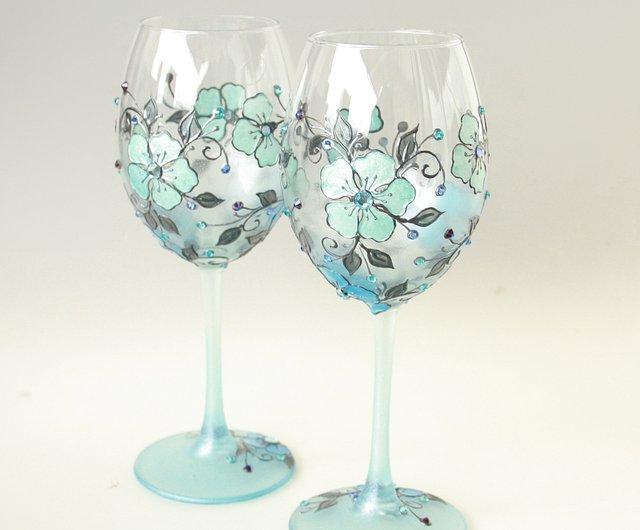 Blue Flowers Wine Glasses, Swarovski Crystals Hand-paintedsetof 2 - Shop  NeA Glass Bar Glasses & Drinkware - Pinkoi