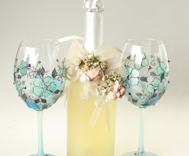 Blue Flowers Wine Glasses, Swarovski Crystals Hand-paintedsetof 2 - Shop  NeA Glass Bar Glasses & Drinkware - Pinkoi