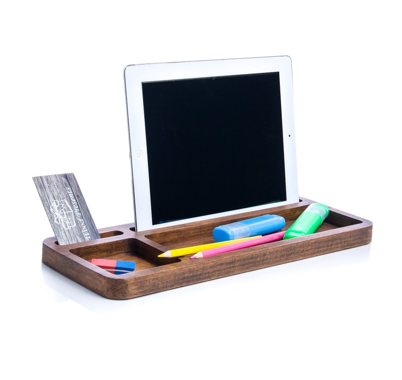 Desk organizer for him Catch all tray Wood cell phone stand Valet tray for men - 筆筒/筆座 - 木頭 