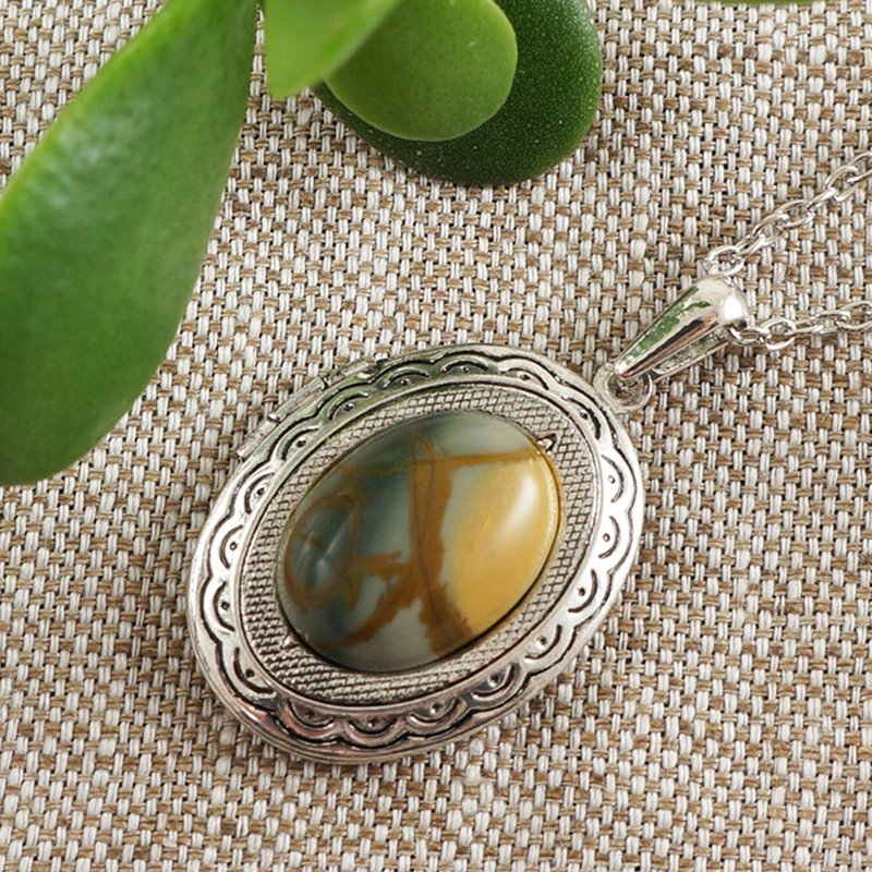 Picasso Jasper Silver Oval Photo Locket Boho Pendant Necklace Woman Jewelry Gift - 項鍊 - 半寶石 卡其色