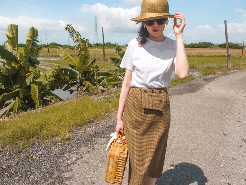 Siina Houndstooth Asymmetrical Versatile Midi Skirt - Skirts - Other Man-Made Fibers Khaki