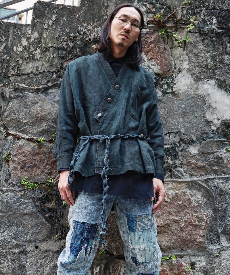 natural dye indigo kimono with boro waist strap - Men's Coats & Jackets - Cotton & Hemp 