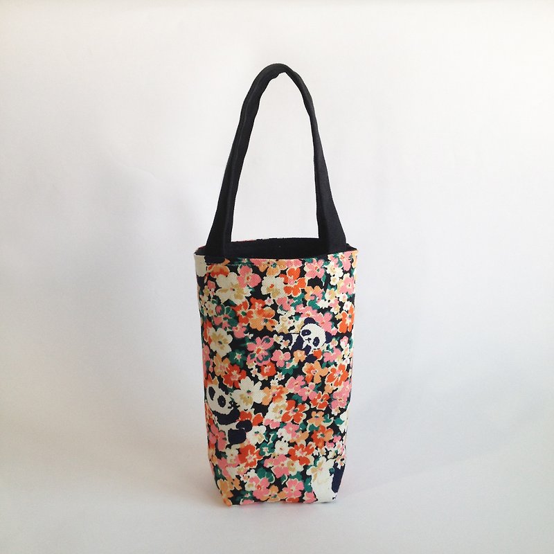 Double-sided plain color + small panda drink bag beverage bag - Beverage Holders & Bags - Cotton & Hemp Multicolor