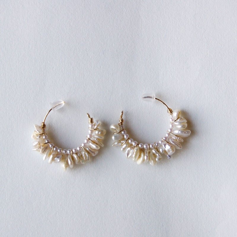 14 kgf fresh water kespearl x vintage small pearl 3/4 big hoop earring OR ear clip - Earrings & Clip-ons - Gemstone White