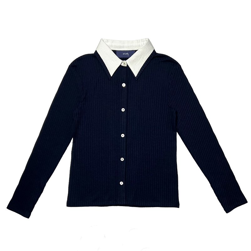 Cotton Collar Jersey Shirt/ Navy - Women's Tops - Wool Blue