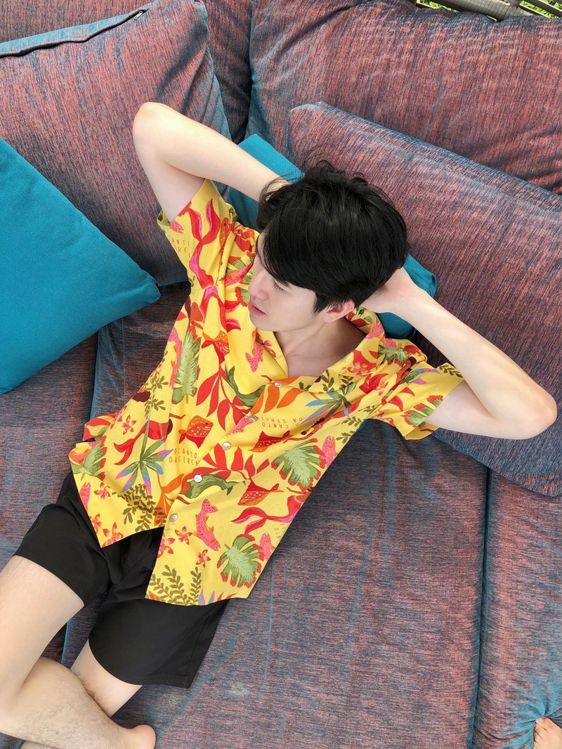 BIRUCHU x SUNSURF 夏威夷襯衫：Mermaid (亞麻印花) - 男裝恤衫 - 亞麻 黃色