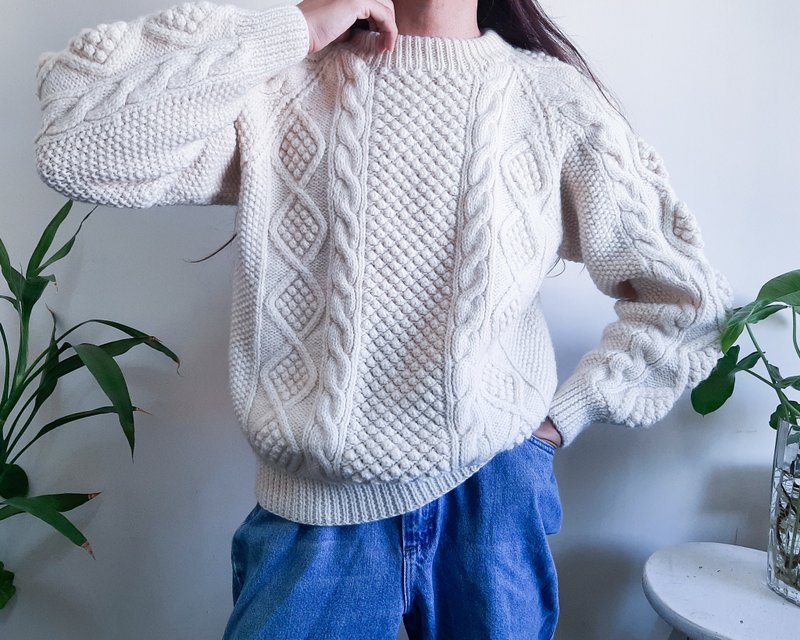 Vintage Fisherman Sweater Chunky Wool Cable Knit Sweater Irish Hand Knit Size M - Women's Sweaters - Wool White