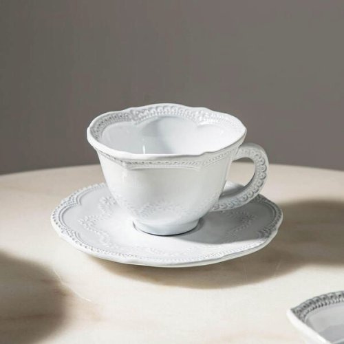 VBC Casa 義大利VBC casa手工浮雕蕾絲系列240ml咖啡花茶杯盤組(米白色)