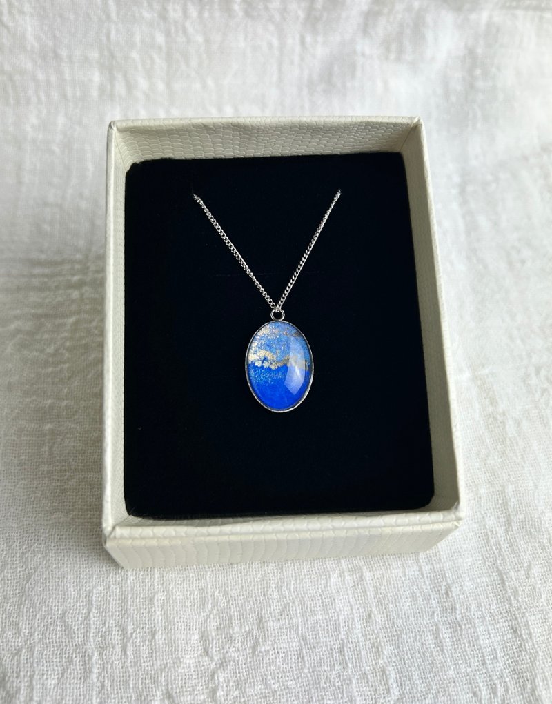【聖誕禮物】金色海洋 藍色橢圓 手繪項鍊 不銹鋼鍊條 - 長頸鍊 - 不鏽鋼 藍色