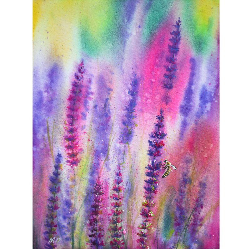 Pink Watercolor Flowers Painting Violet Meadow Wildflowers Original Artwork - 海報/掛畫/掛布 - 紙 粉紅色