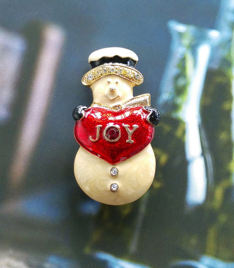 【美國西洋古董飾品】聖誕主題 可愛雪人 福音愛心JOY 別針 胸針 - 徽章/別針 - 其他材質 金色
