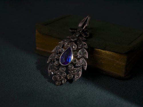鑲珹古董珠寶 法國 1900s 美好年代 緞帶海藍玻璃吊墜