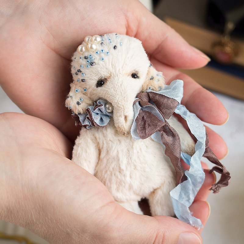 Artist teddy bear white little elephant, stuffed cute handmade OOAK plush toy - Other - Other Materials White