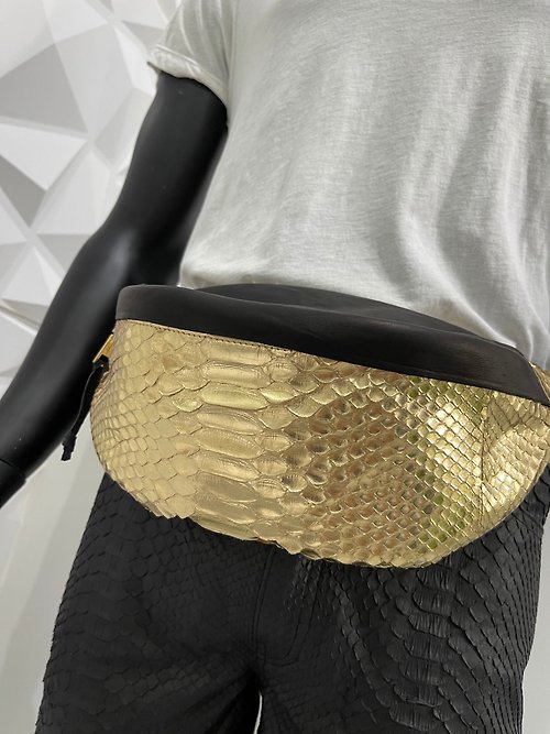 belp-atelier Snakeskin Unisex Fanny Pack Python Leather Waist Bag Golden Snakeskin Belt Bag