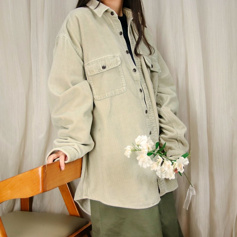 Thick woven corduroy shirt 002, light khaki cotton for both men and women [Tsubasa.Y 古 着 屋] - เสื้อเชิ้ตผู้หญิง - วัสดุอื่นๆ สีกากี