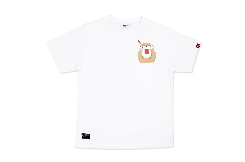 Shocked Otter Lover Pocket T-shirt - เสื้อฮู้ด - ผ้าฝ้าย/ผ้าลินิน ขาว