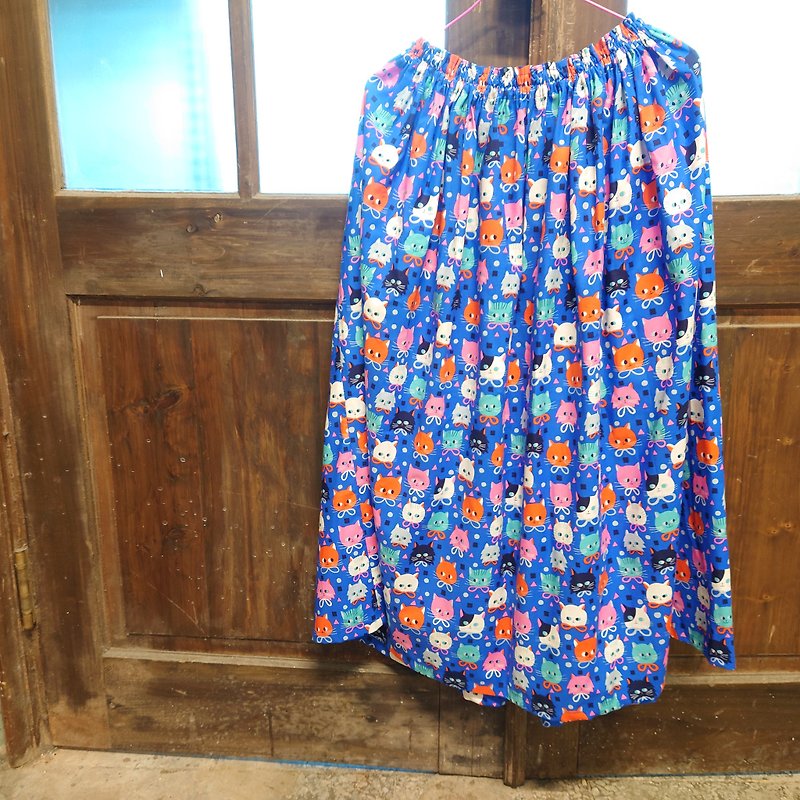 【Made to order】Fashionable ribbon cat blue / made in JAPAN / USA fabric - Skirts - Cotton & Hemp Blue
