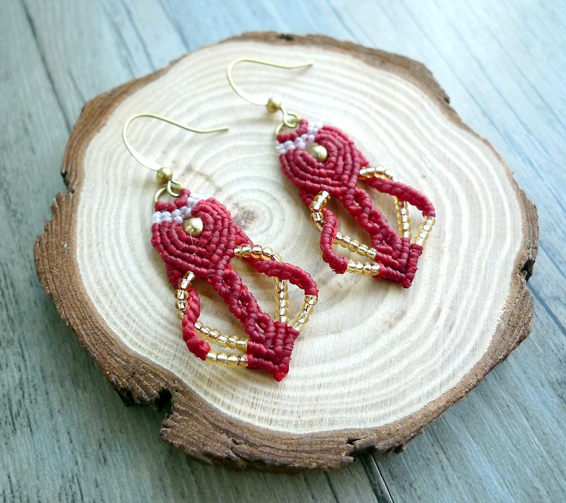 Misssheep - T01 - macrame earrings with plastic beads - Earrings & Clip-ons - Other Materials Red
