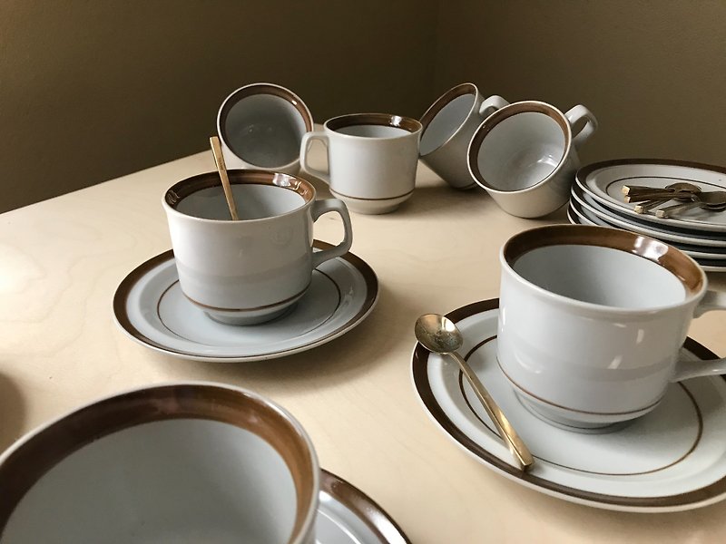 Early Japanese Ceramic Coffee Cup Set / Milk Thistle - แก้ว - ดินเผา สีนำ้ตาล