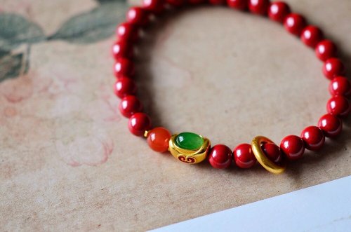 Angel's tears 天使之淚 Jewelry Design 天然原礦硃砂. 帝王砂 碧玉鎏金元寶隔珠設計單圈手串s