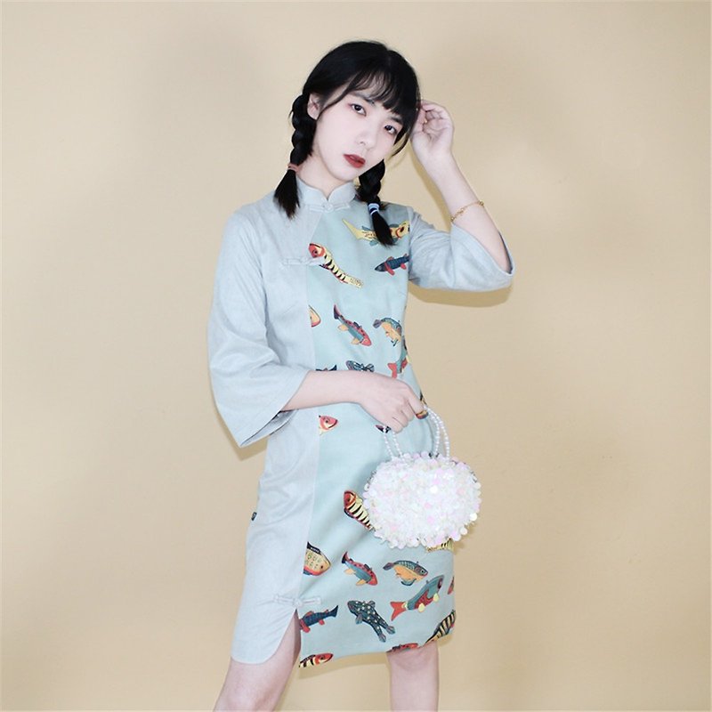 Fresh green peach skin drop buckle stitching slim cheongsam new Chinese girlish style improved dress one-piece dress