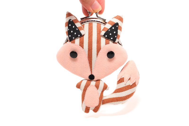 Striped little fox coin bag - กระเป๋าใส่เหรียญ - ผ้าฝ้าย/ผ้าลินิน สีนำ้ตาล