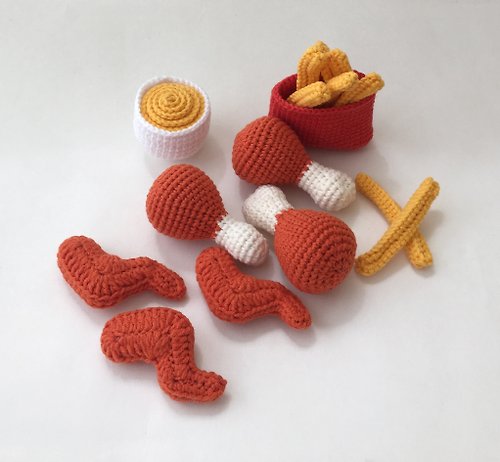 ChikChik chicken wings with cheese sauce, Crochet food Baby toys chicken legs, French fri