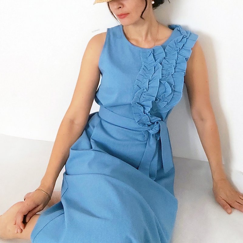 荷葉邊亞麻洋裝/女士夏季洋裝/藍色+其他顏色洋裝XS-XXL 尺寸 Hé - 洋裝/連身裙 - 棉．麻 藍色