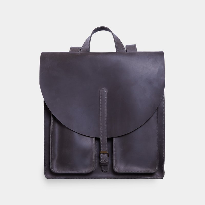 灰色皮革筆電背包 — 復古男女通用工作旅行後背包 - 後背包/背包/書包 - 真皮 灰色
