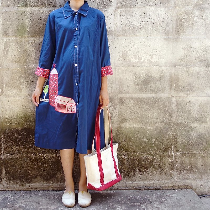 BajuTua / vintage / 70's American Country style Floral Patchwork Dress - One Piece Dresses - Cotton & Hemp Blue