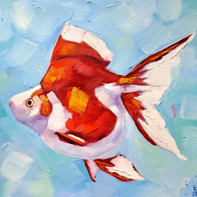 Goldfish Painting On Canvas Animals Original Art Fish Artwork Kitchen Wall Art - 壁貼/牆壁裝飾 - 其他材質 多色
