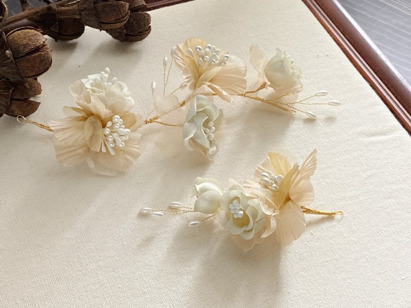 手工新娘飾品 奶油色系復古紗花 法國莊園婚禮 髮飾2件組 - 髮夾/髮圈 - 絲．絹 