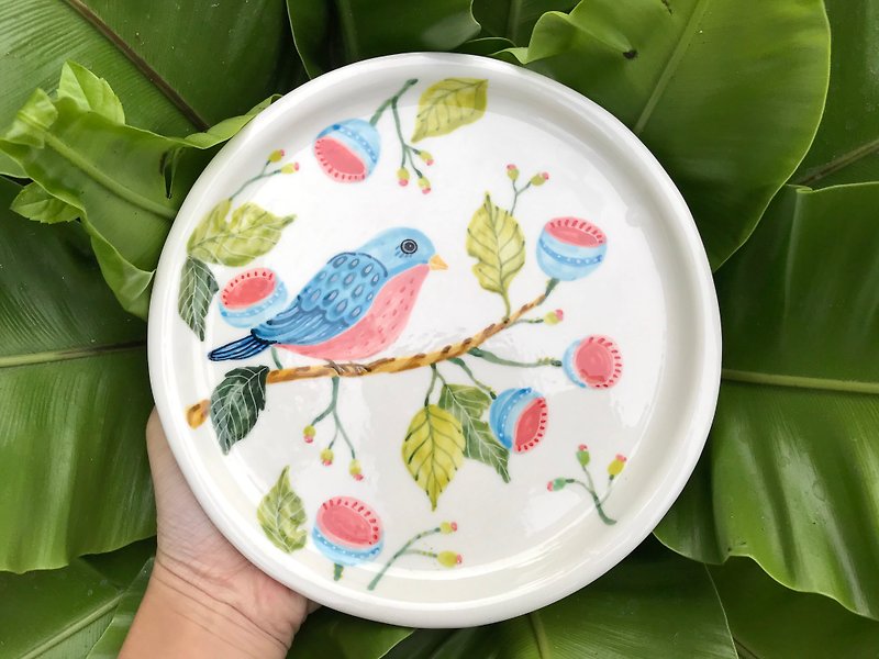 手捏釉下彩繪盤 鳥兒系列2 - 盤子/餐盤/盤架 - 瓷 多色