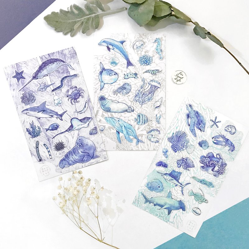 Deep Blue Watercolor Hand Painted Marine Life/Transparent White Ink Sticker-Set - Stickers - Paper 