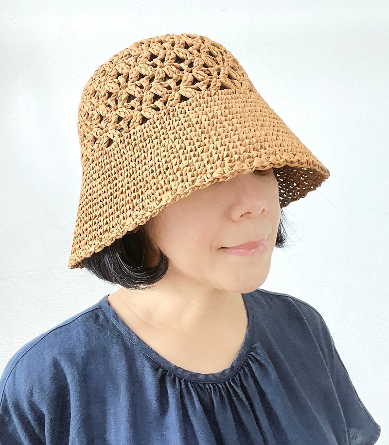 Korean style raffia hand crocheted hat camel color foldable - Hats & Caps - Eco-Friendly Materials 