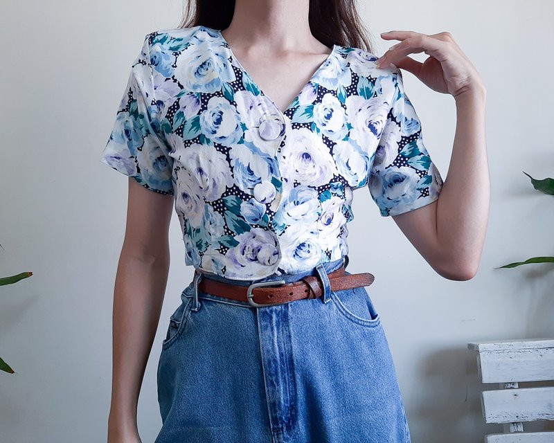 復古 80 年代花卉圓點短上衣 夏季短上衣 短袖 尺寸 Xs S - 女上衣/長袖上衣 - 聚酯纖維 藍色